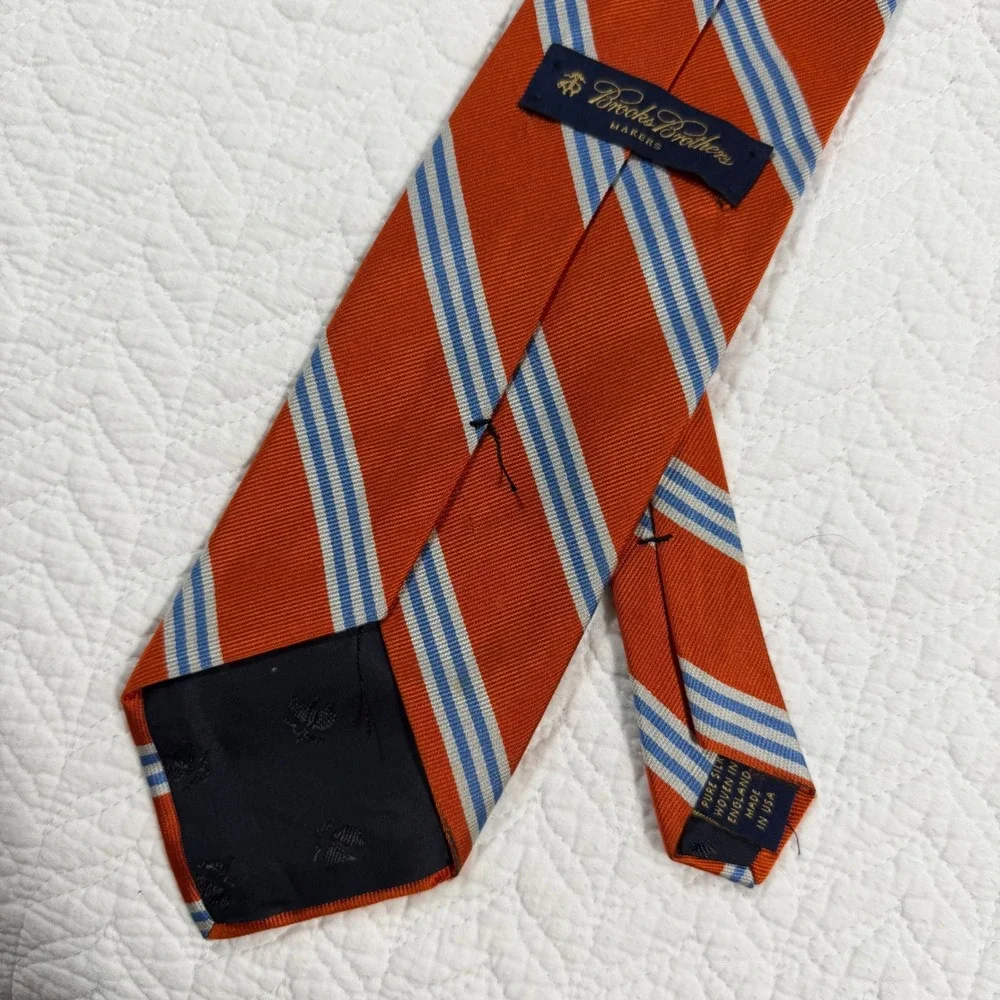 VTG Brooks Brothers Makers Men Necktie Repp Stripe Silk Orange Blue USA 60